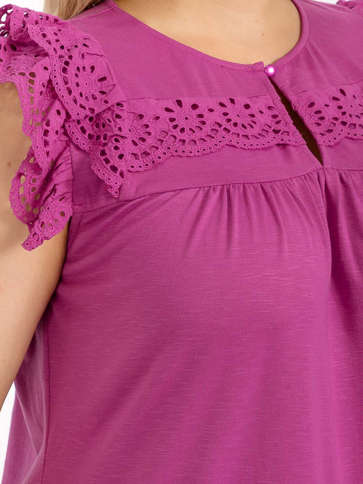 PLUS SIZE RUFFLE SLEEVES V-NECK CROCHET BLOUSE