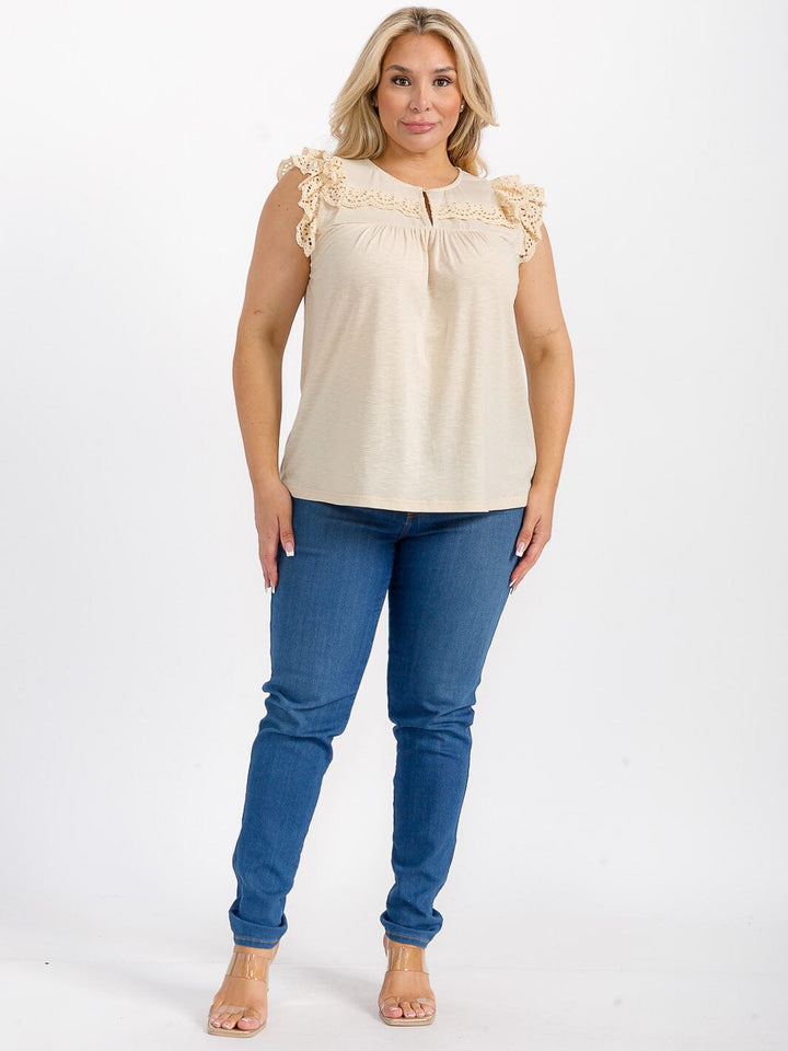PLUS SIZE RUFFLE SLEEVES V-NECK CROCHET BLOUSE