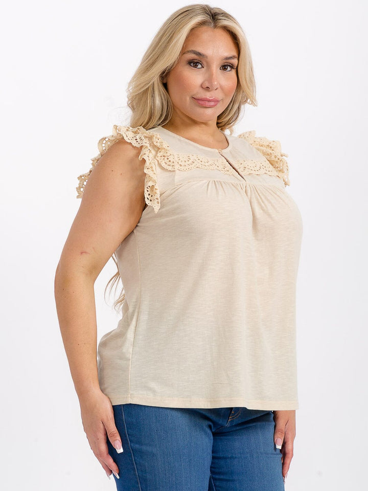 PLUS SIZE RUFFLE SLEEVES V-NECK CROCHET BLOUSE
