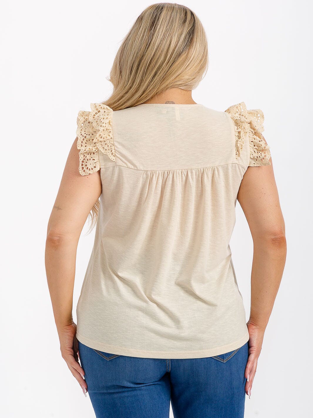 PLUS SIZE RUFFLE SLEEVES V-NECK CROCHET BLOUSE