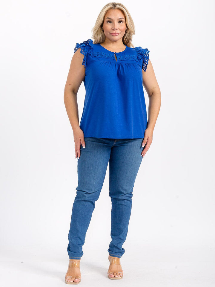 PLUS SIZE RUFFLE SLEEVES V-NECK CROCHET BLOUSE