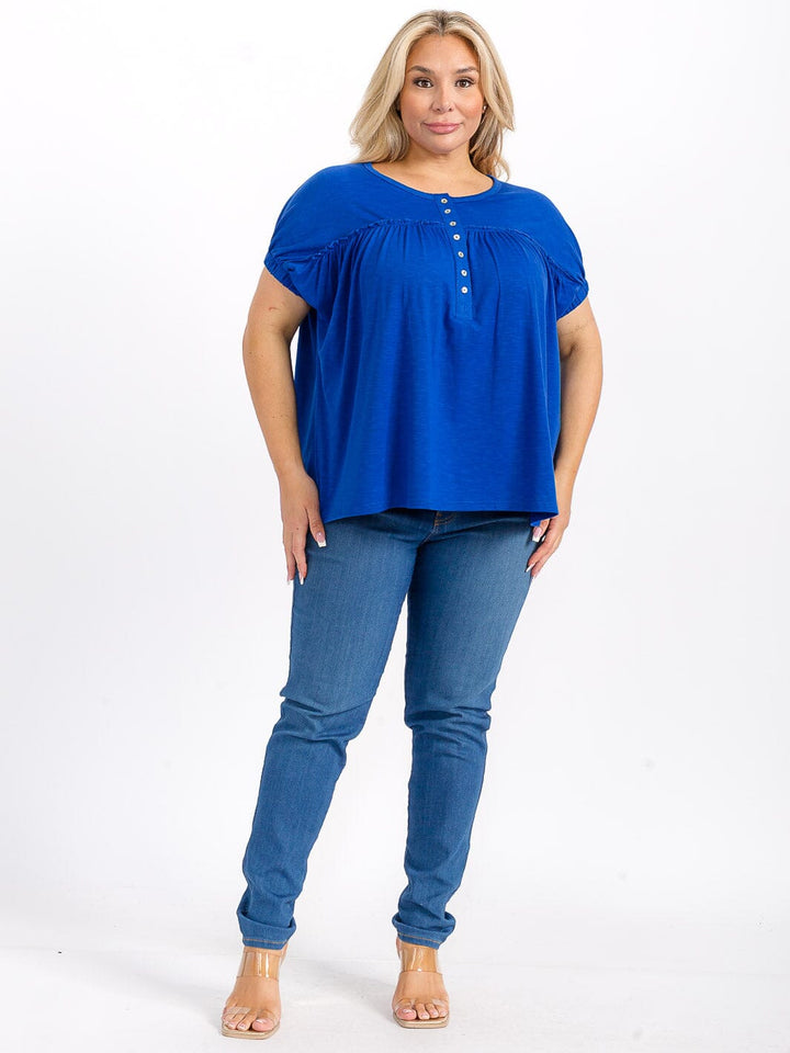 PLUS SIZE SHORT SLEEVES BUTTON UP TUNIC BLOUSE