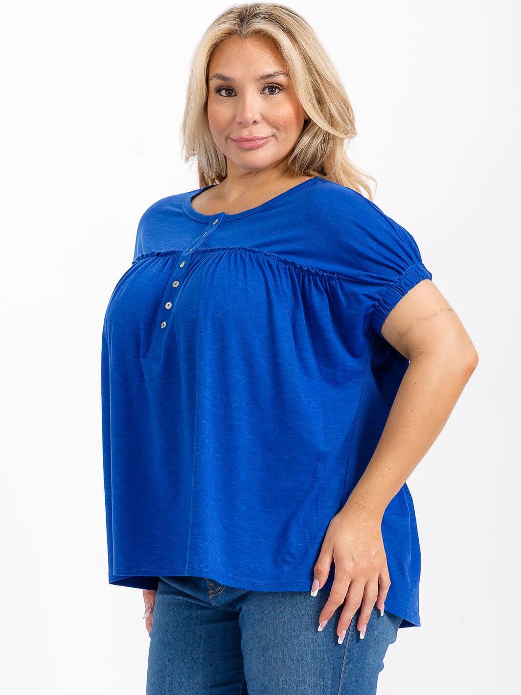 PLUS SIZE SHORT SLEEVES BUTTON UP TUNIC BLOUSE