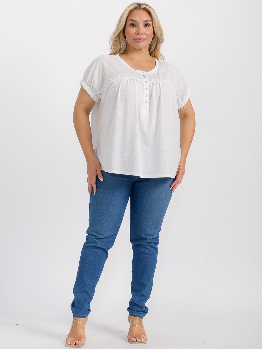PLUS SIZE SHORT SLEEVES BUTTON UP TUNIC BLOUSE