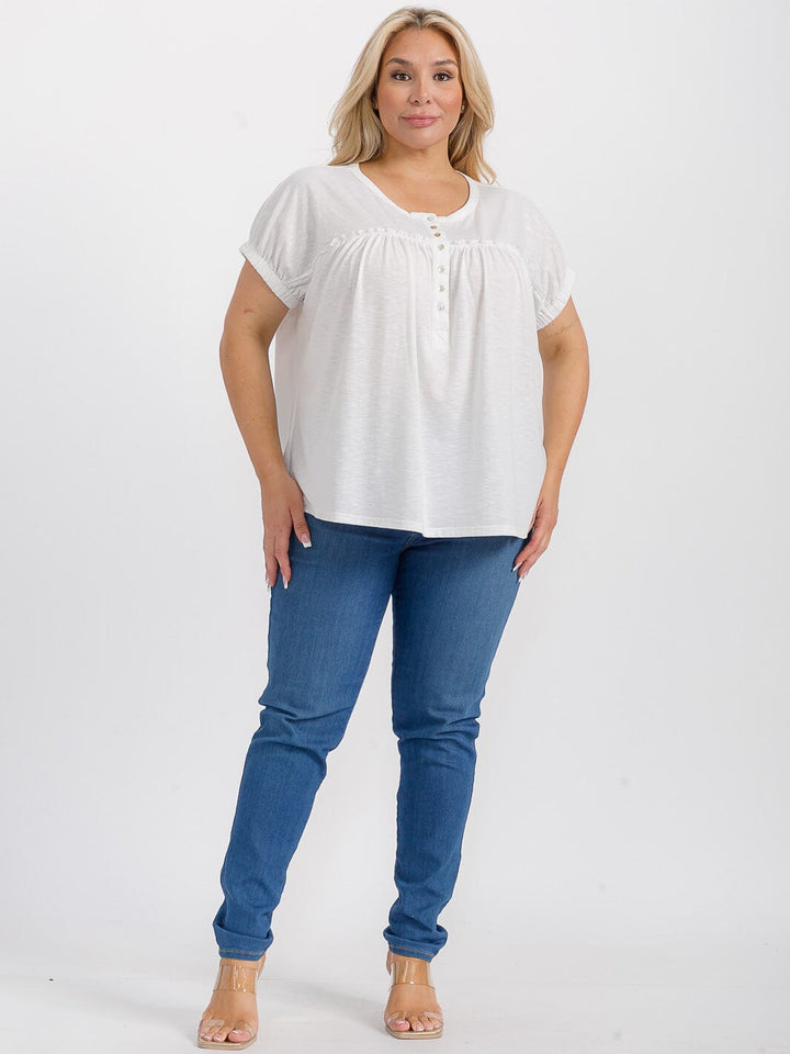 PLUS SIZE SHORT SLEEVES BUTTON UP TUNIC BLOUSE