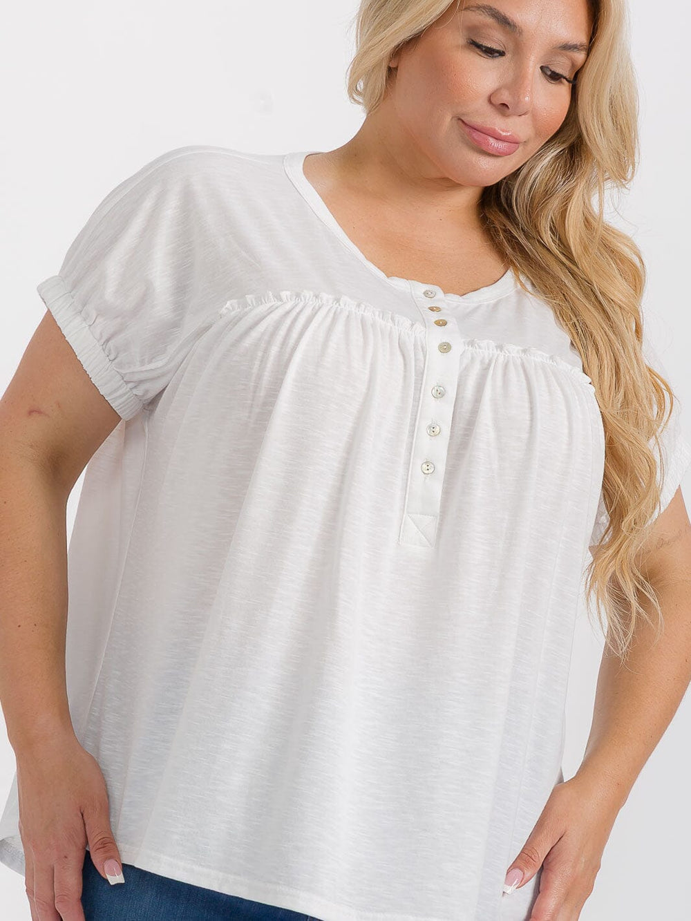 PLUS SIZE SHORT SLEEVES BUTTON UP TUNIC BLOUSE