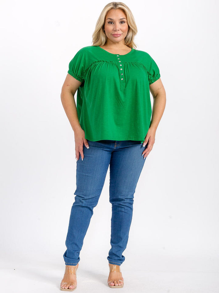 PLUS SIZE SHORT SLEEVES BUTTON UP TUNIC BLOUSE