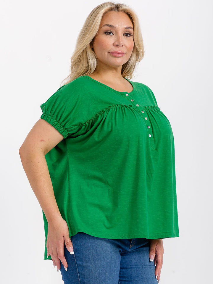 PLUS SIZE SHORT SLEEVES BUTTON UP TUNIC BLOUSE