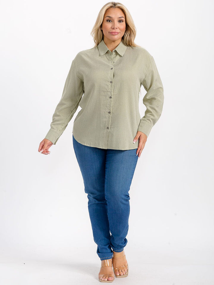 PLUS SIZE LONG SLEEVES BUTTON UP HIGH-LOW PLAID SHIRT