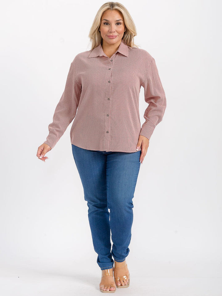 PLUS SIZE LONG SLEEVES BUTTON UP HIGH-LOW PLAID SHIRT