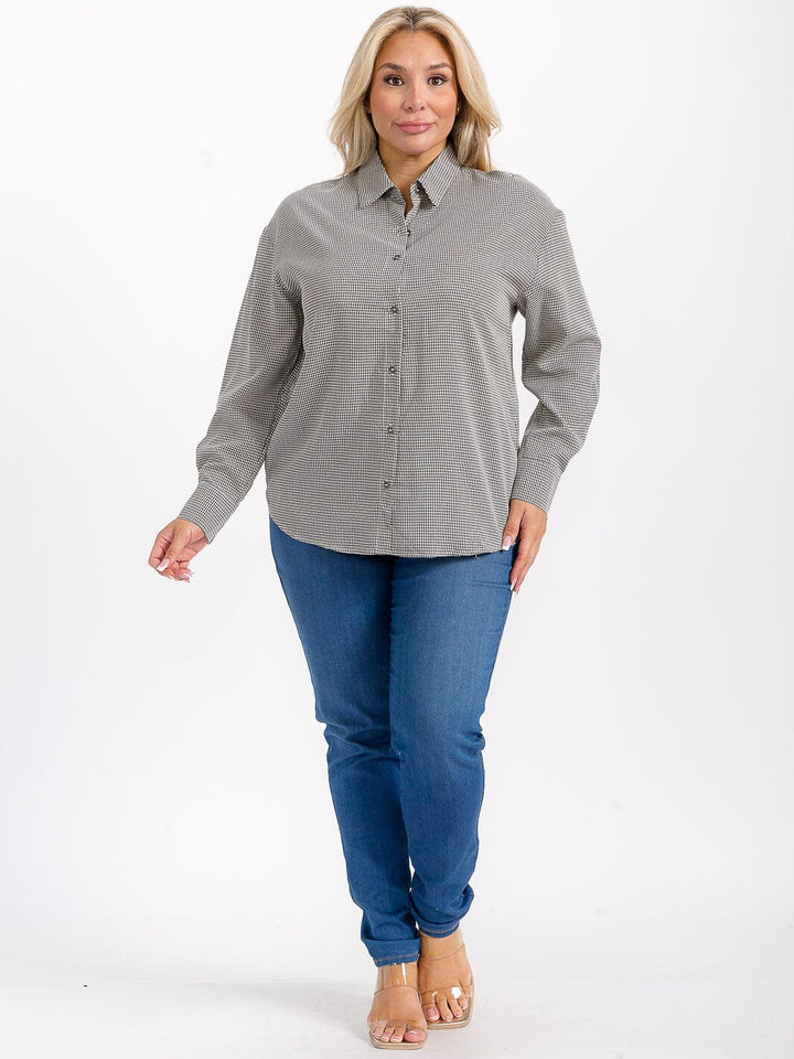 PLUS SIZE LONG SLEEVES BUTTON UP HIGH-LOW PLAID SHIRT