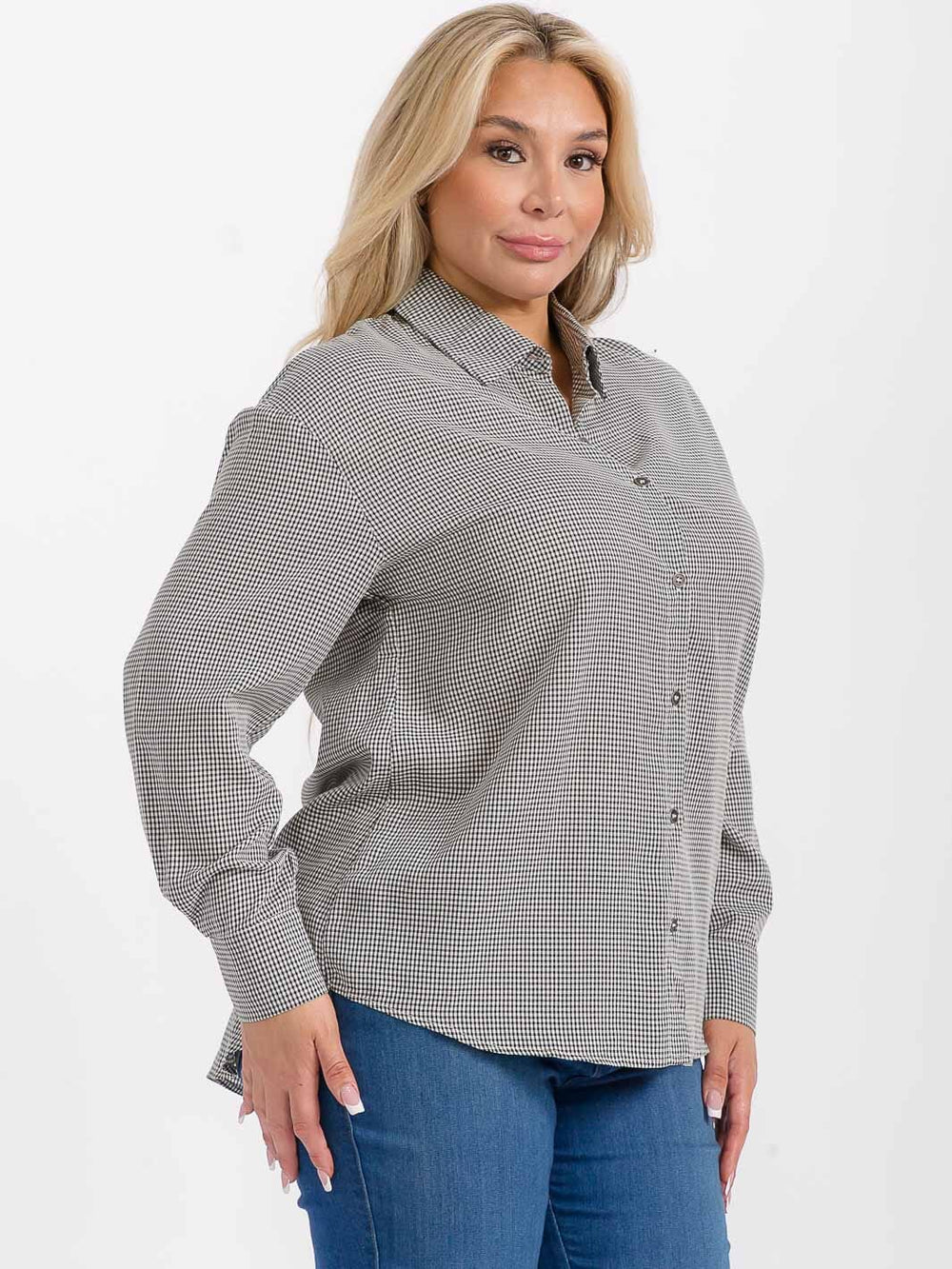 PLUS SIZE LONG SLEEVES BUTTON UP HIGH-LOW PLAID SHIRT