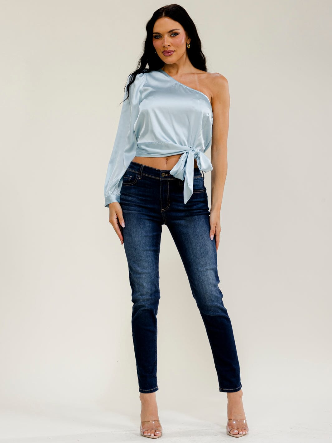 WOMEN'S ONE SHOULDER SELF TIE CROP TOP