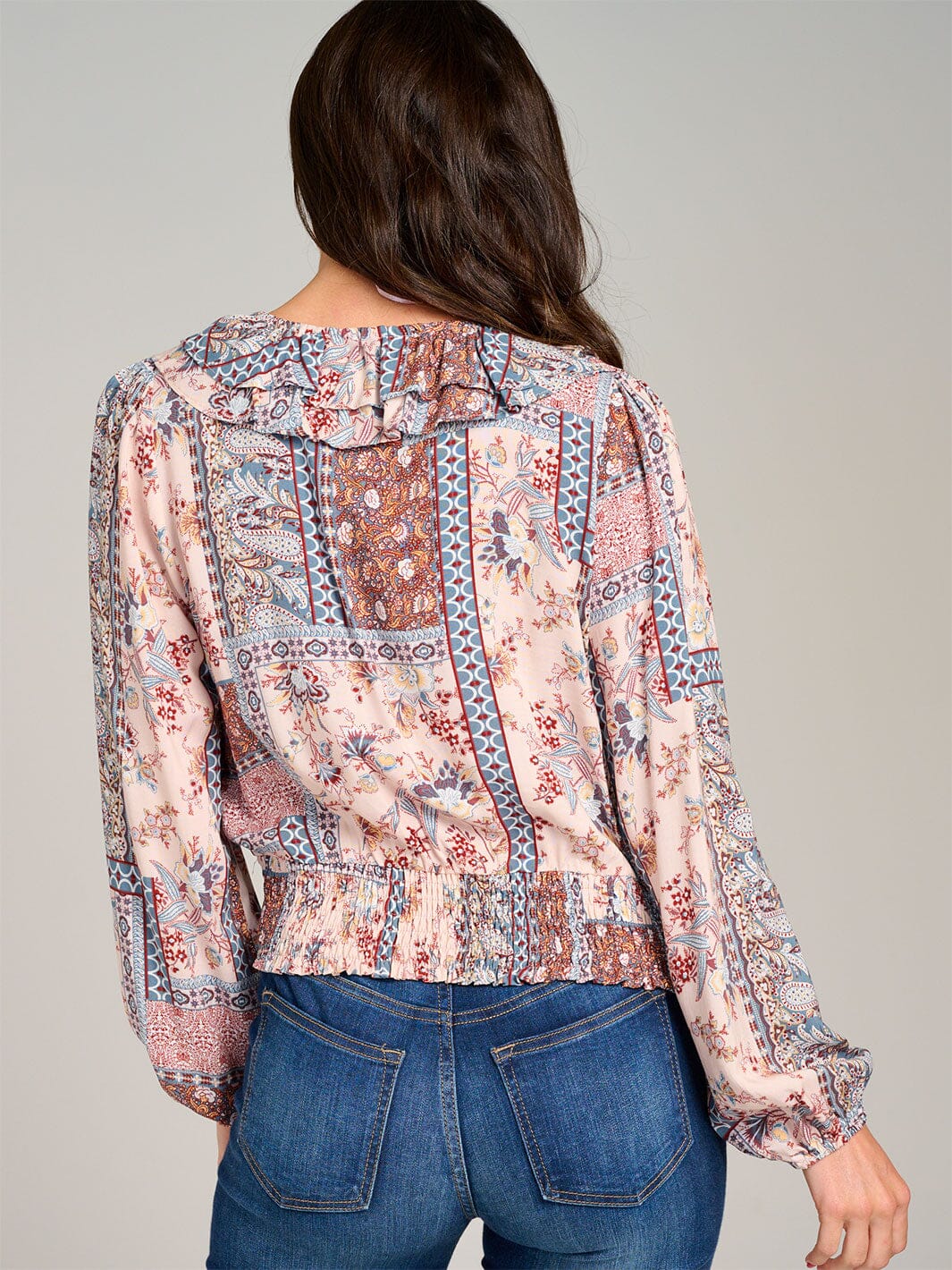 WOMEN'S LONG SLEEVE V-NECK SMOCK WAIST MULTI PRINT BLOUSE