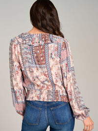 WOMEN'S LONG SLEEVE V-NECK SMOCK WAIST MULTI PRINT BLOUSE