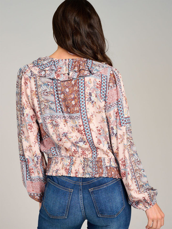 WOMEN'S LONG SLEEVE V-NECK SMOCK WAIST MULTI PRINT BLOUSE