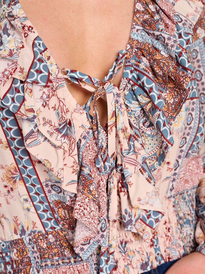 WOMEN'S LONG SLEEVE V-NECK SMOCK WAIST MULTI PRINT BLOUSE