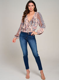 WOMEN'S LONG SLEEVE V-NECK SMOCK WAIST MULTI PRINT BLOUSE