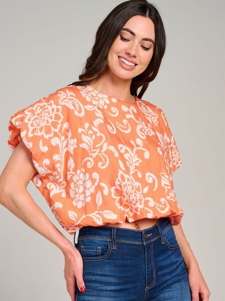 WOMEN'S SHORT SLEEVE ELASTIC WAIST FLORAL BLOUSE