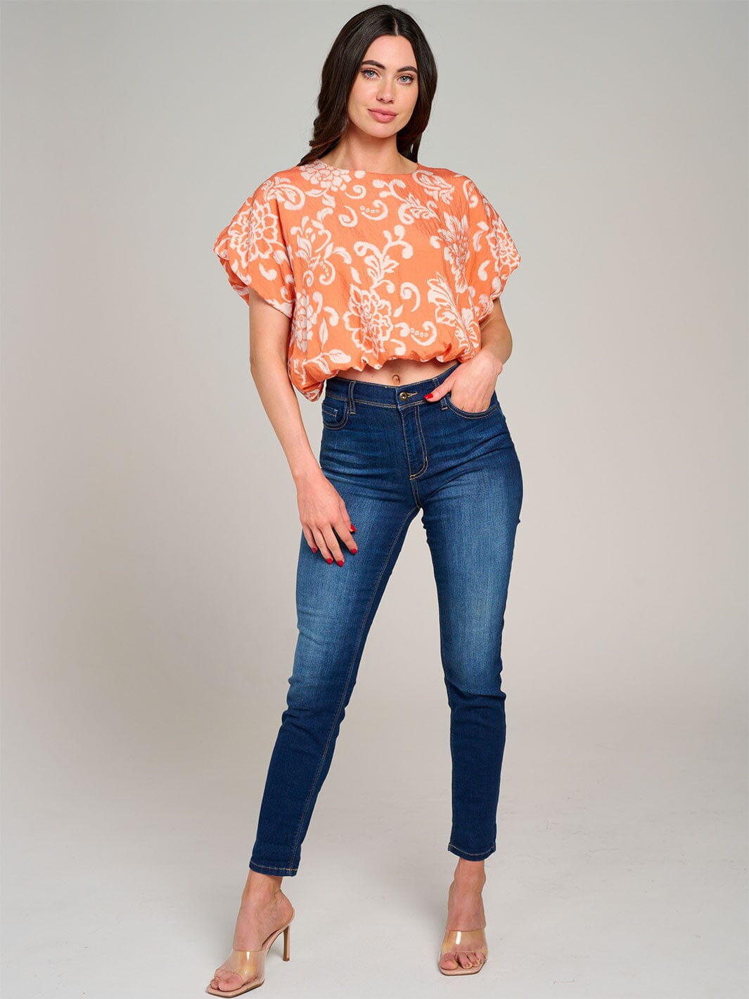 WOMEN'S SHORT SLEEVE ELASTIC WAIST FLORAL BLOUSE