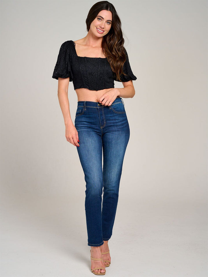 WOMEN'S SHORT PUFF SLEEVE EYELET CROP TOP