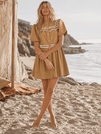 WOMEN'S SHORT PUFF SLEEVE BUTTON UP RUFFLE MINI DRESS