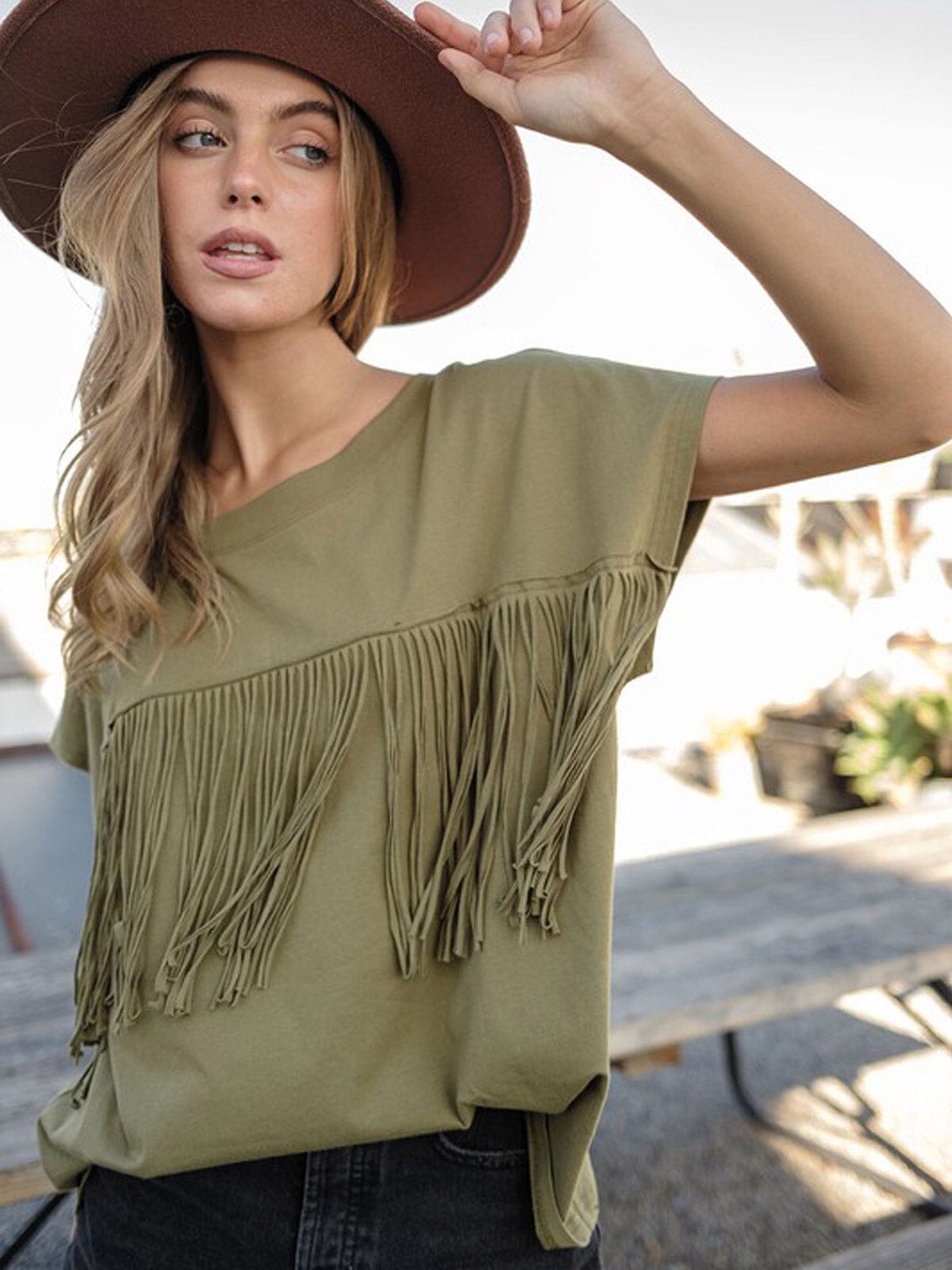WOMEN'S SHORT SLEEVE FRINGE DETAILED TOP