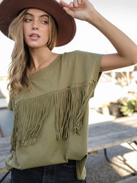 WOMEN'S SHORT SLEEVE FRINGE DETAILED TOP