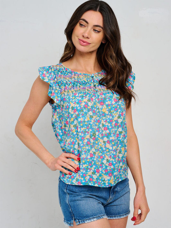 WOMEN'S RUFFLE SLEEVE SMOCK NECK BUTTON UP FLORAL BLOUSE