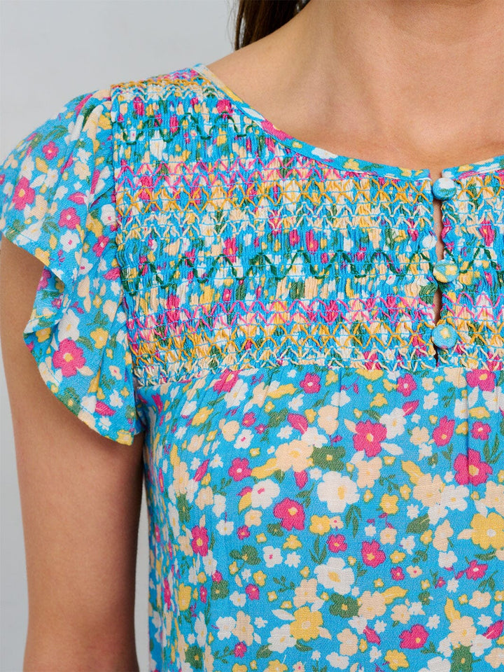 WOMEN'S RUFFLE SLEEVE SMOCK NECK BUTTON UP FLORAL BLOUSE