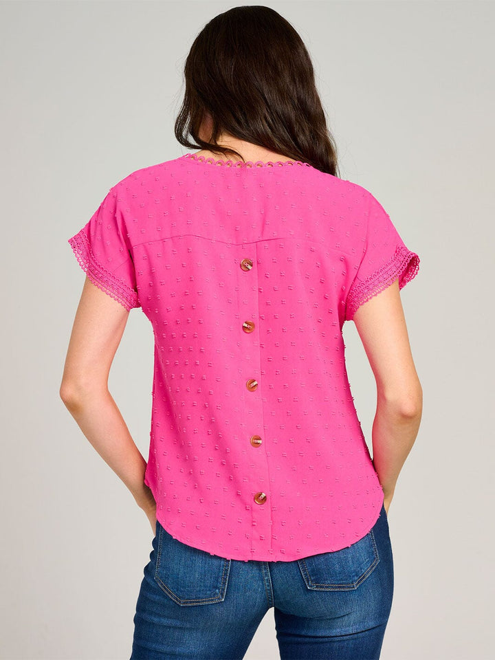 WOMEN'S SHORT SLEEVE V-NECK SWISS BACK DETAILED BLOUSE