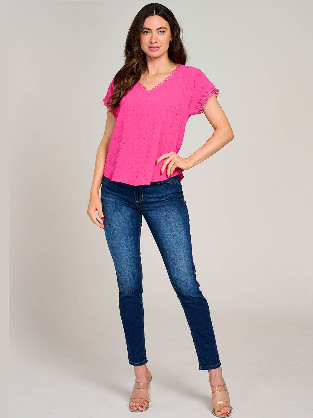 WOMEN'S SHORT SLEEVE V-NECK SWISS BACK DETAILED BLOUSE