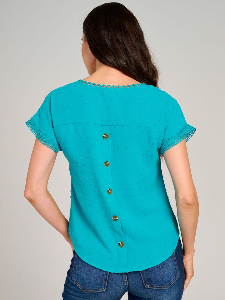 WOMEN'S SHORT SLEEVE V-NECK SWISS BACK DETAILED BLOUSE