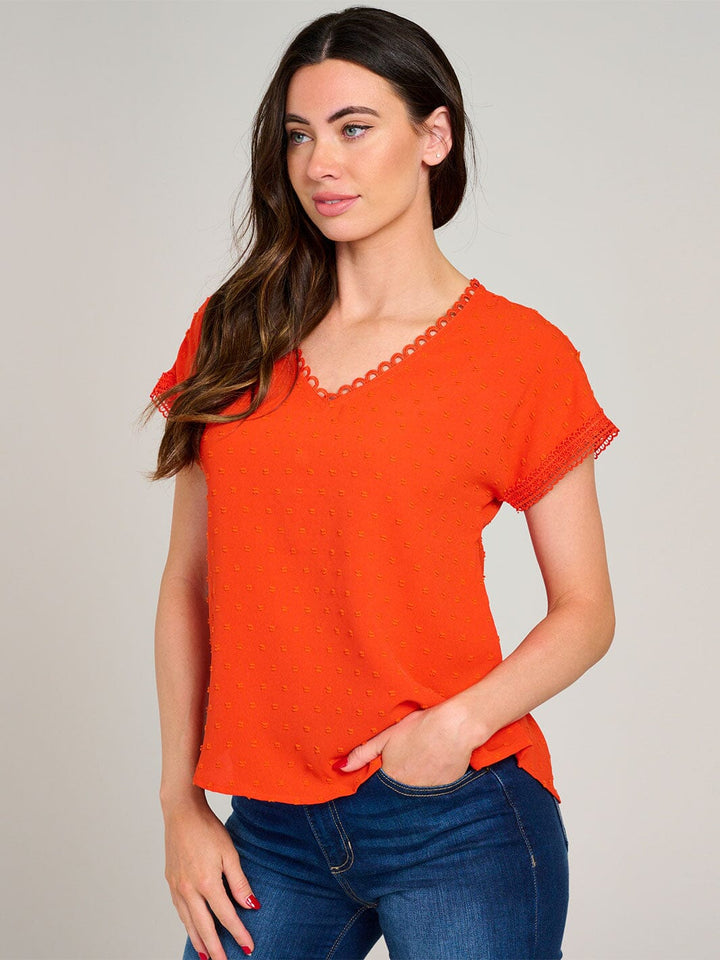WOMEN'S SHORT SLEEVE V-NECK SWISS BACK DETAILED BLOUSE