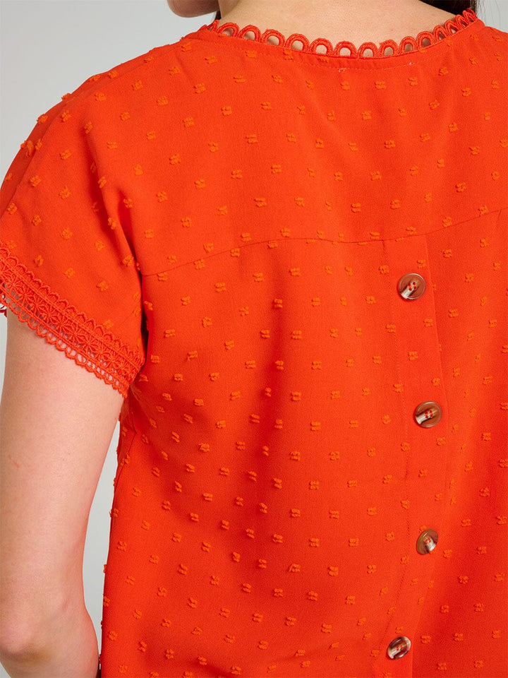 WOMEN'S SHORT SLEEVE V-NECK SWISS BACK DETAILED BLOUSE