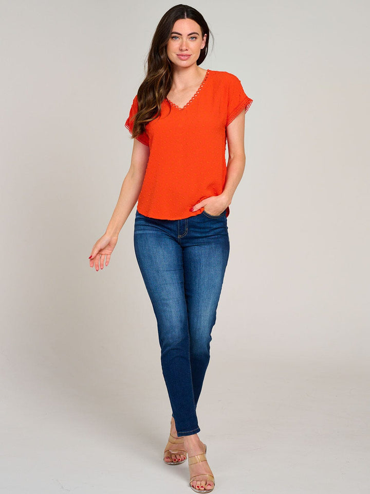 WOMEN'S SHORT SLEEVE V-NECK SWISS BACK DETAILED BLOUSE