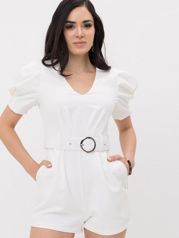 WOMEN'S SHORT PUFF SLEEVES V-NECK POCKETS BELTED ROMPER