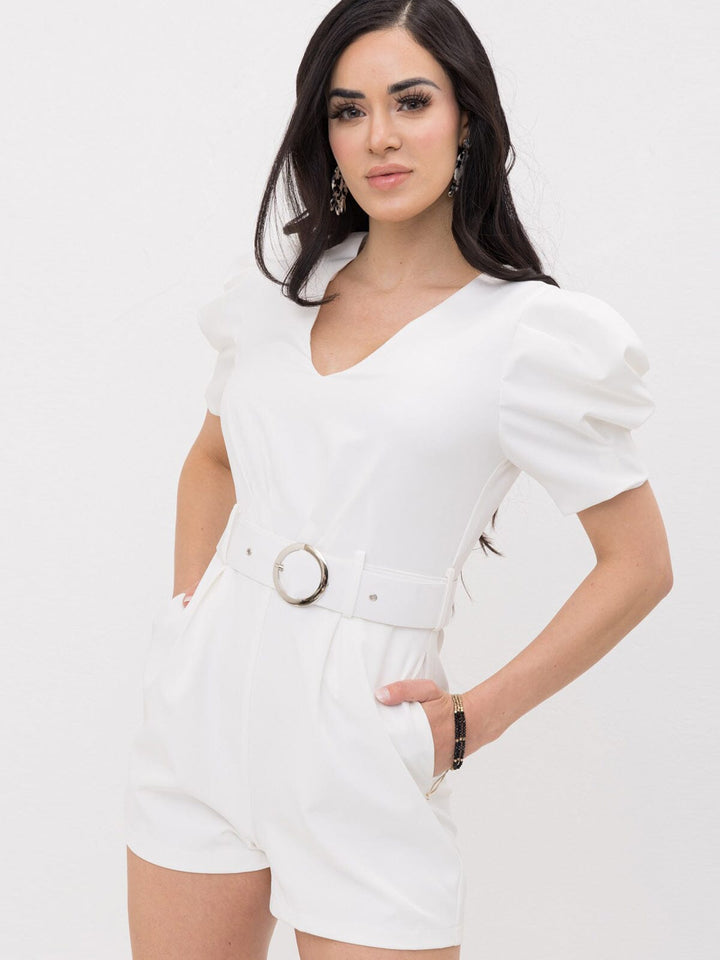 WOMEN'S SHORT PUFF SLEEVES V-NECK POCKETS BELTED ROMPER