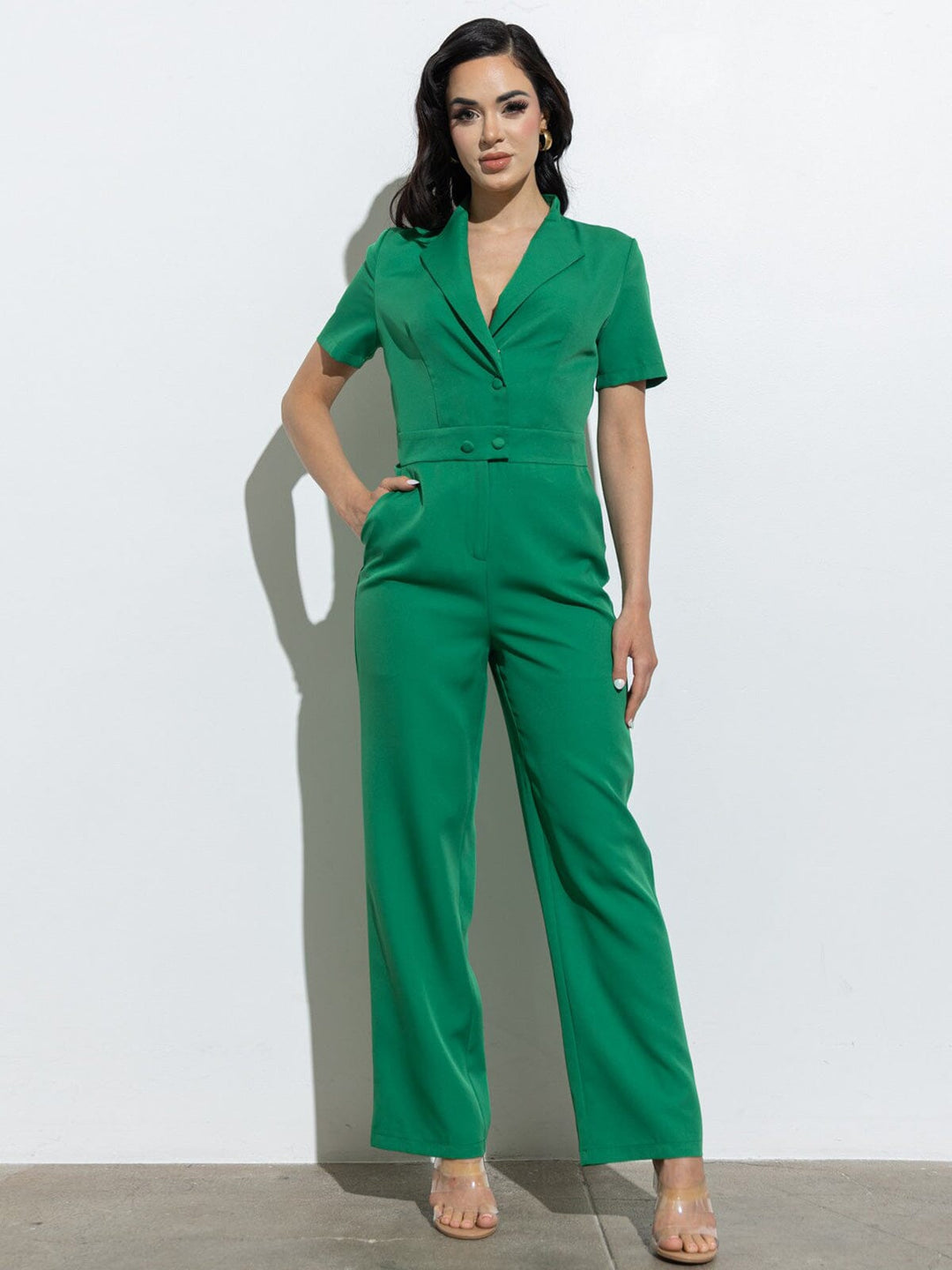 WOMEN'S SHORT SLEEVE BUTTON CLOSURE POCKETS WIDE LEG JUMPSUIT