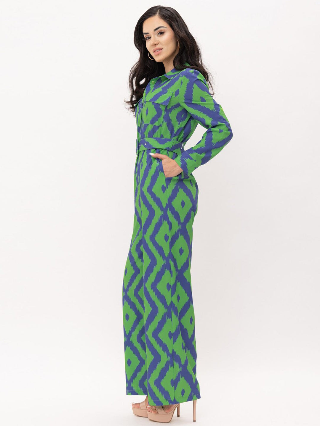 WOMEN'S LONG SLEEVE BUTTON UP POCKETS BELTED PRINTED JUMPSUIT