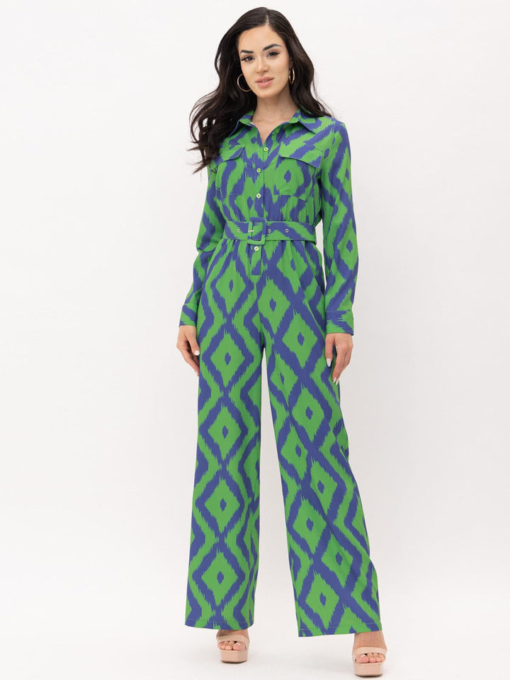 WOMEN'S LONG SLEEVE BUTTON UP POCKETS BELTED PRINTED JUMPSUIT