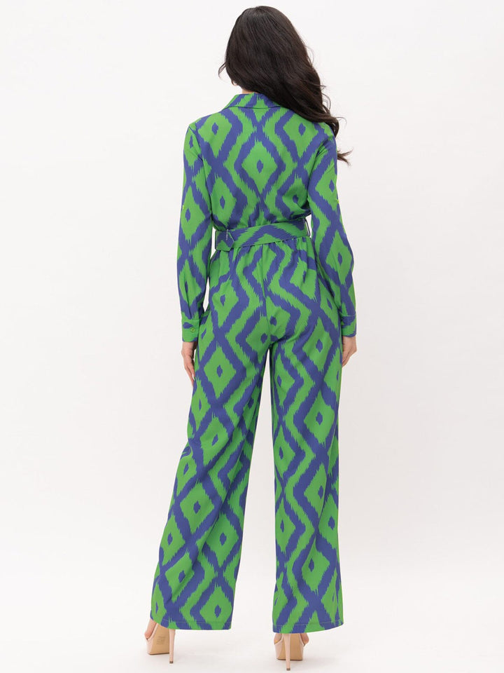 WOMEN'S LONG SLEEVE BUTTON UP POCKETS BELTED PRINTED JUMPSUIT