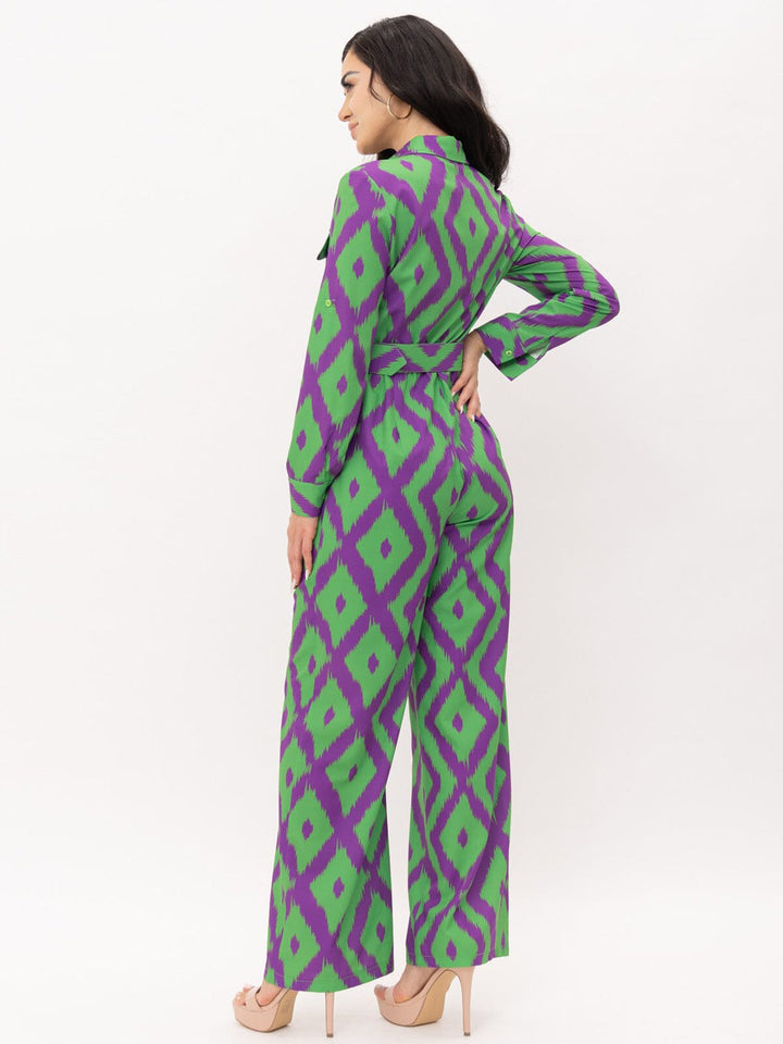 WOMEN'S LONG SLEEVE BUTTON UP POCKETS BELTED PRINTED JUMPSUIT