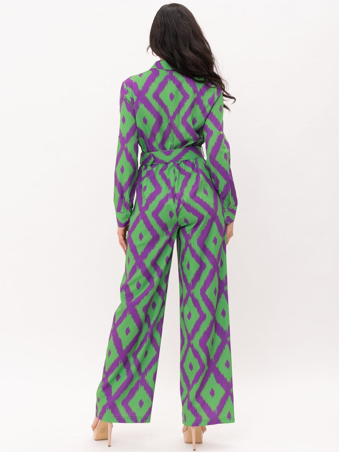 WOMEN'S LONG SLEEVE BUTTON UP POCKETS BELTED PRINTED JUMPSUIT