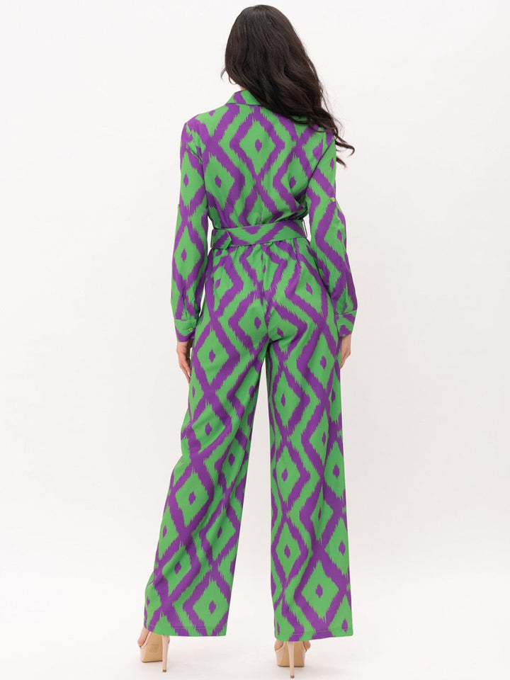 WOMEN'S LONG SLEEVE BUTTON UP POCKETS BELTED PRINTED JUMPSUIT