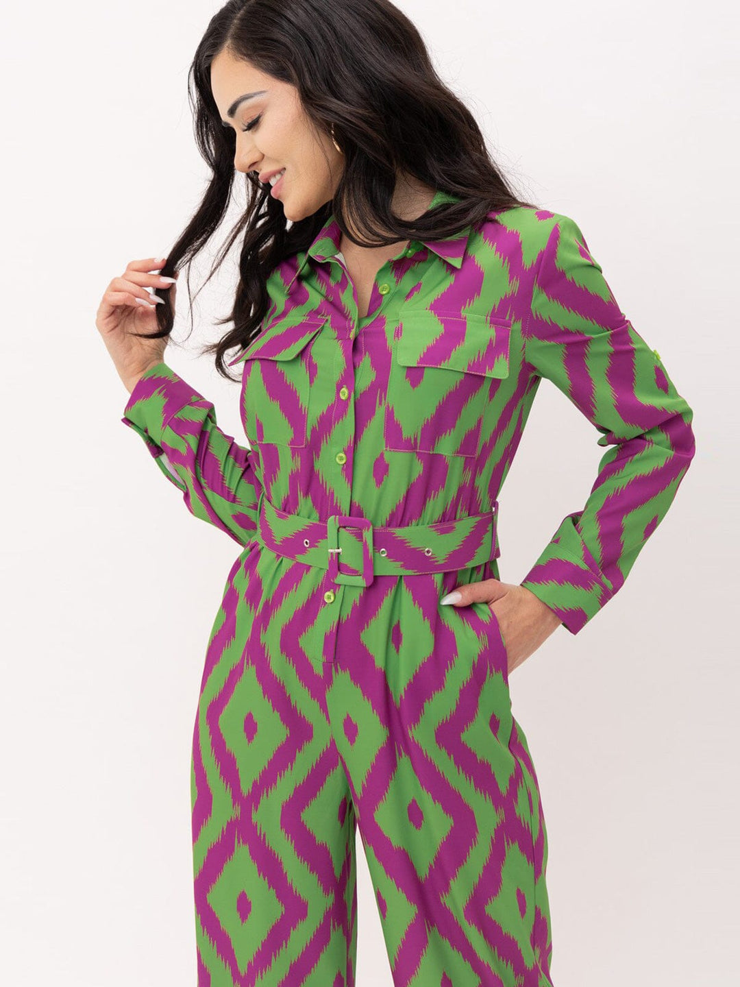WOMEN'S LONG SLEEVE BUTTON UP POCKETS BELTED PRINTED JUMPSUIT