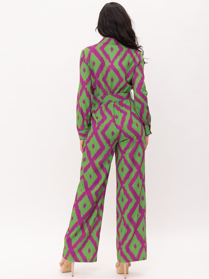 WOMEN'S LONG SLEEVE BUTTON UP POCKETS BELTED PRINTED JUMPSUIT