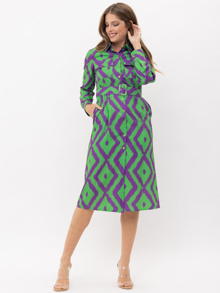 WOMEN'S LONG SLEEVE BUTTON UP POCKETS BELTED PRINTED MIDI DRESS