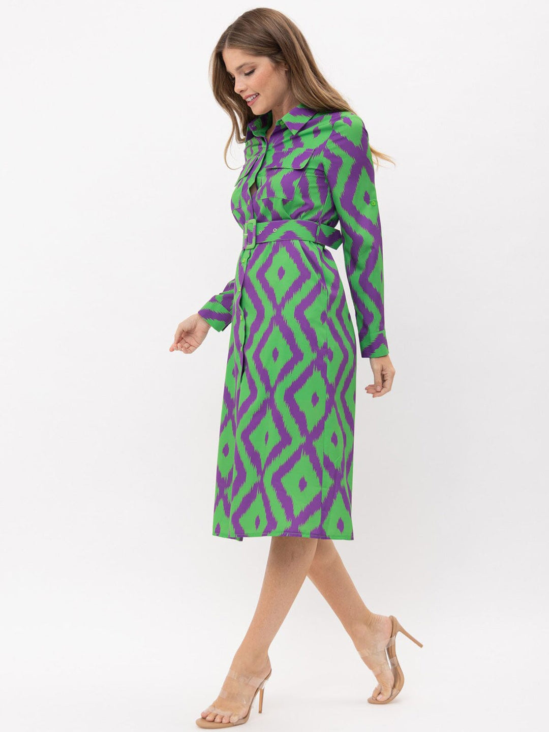 WOMEN'S LONG SLEEVE BUTTON UP POCKETS BELTED PRINTED MIDI DRESS