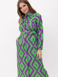 WOMEN'S LONG SLEEVE BUTTON UP POCKETS BELTED PRINTED MIDI DRESS